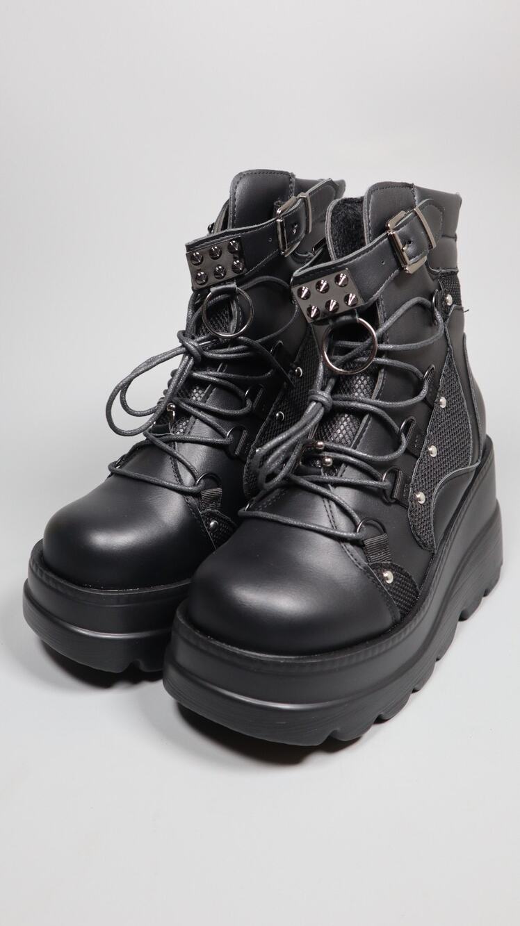 Tscoyuki Black Goth Platform Ankle Boots Women Wedge Combat Booties Size 8.5